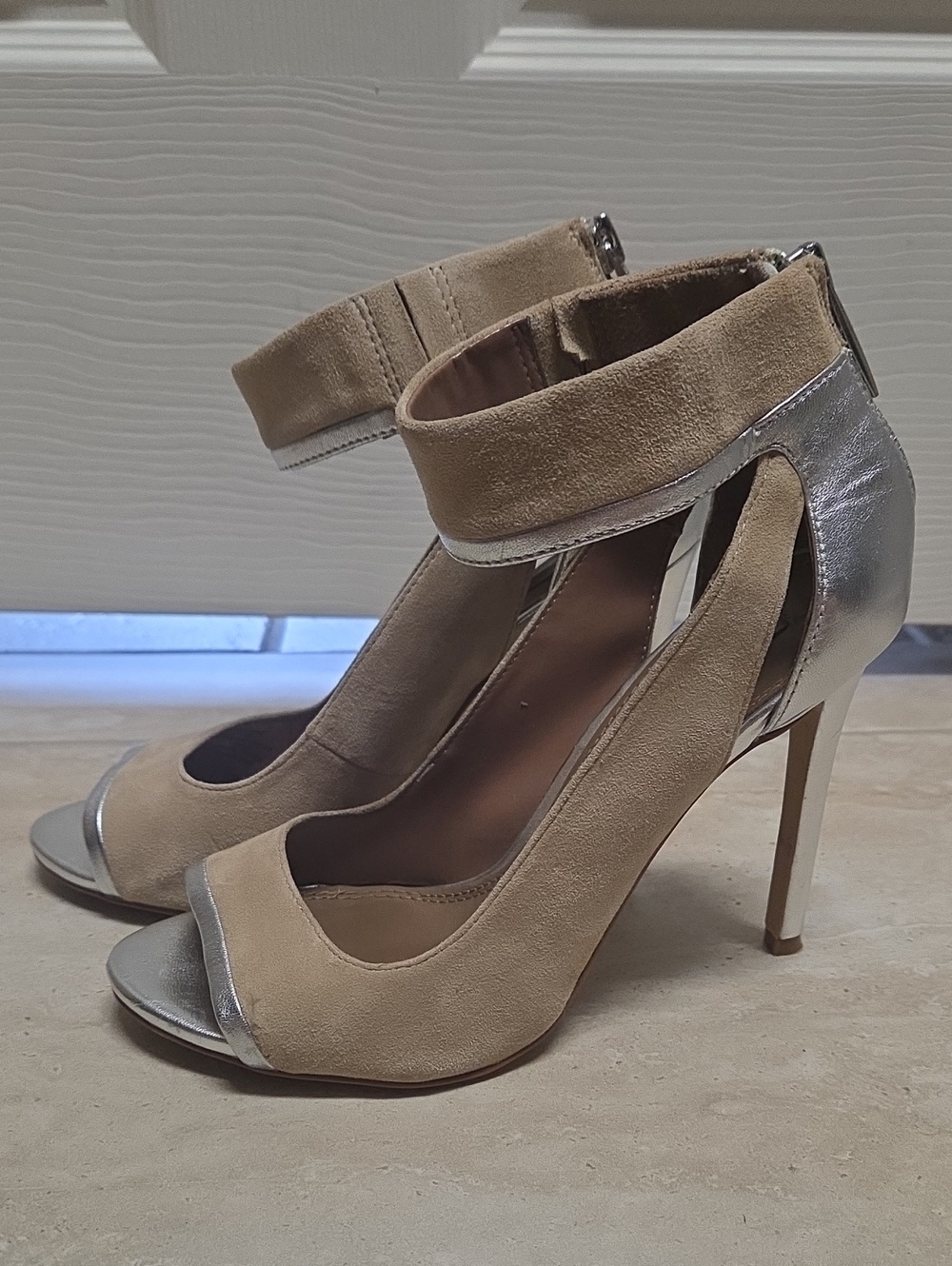 Women's Beige Suede Peep-Toe Ankle Strap Heels with Silver Accent